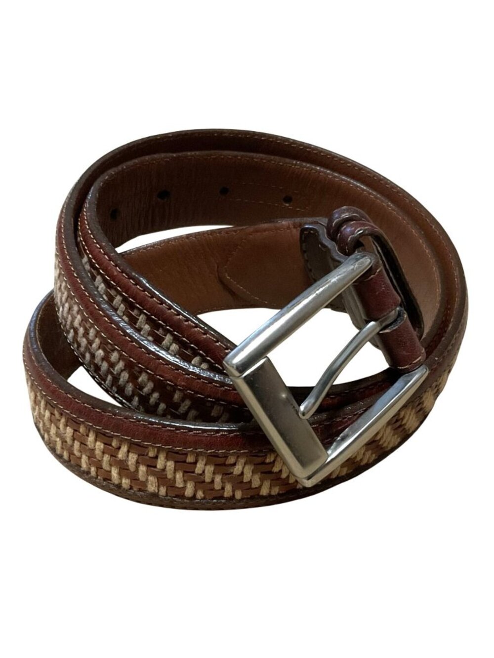 Brown Leather Woven-Pattern Belt Size 36 - 1"W With Silver-Tone Buckle Unisex